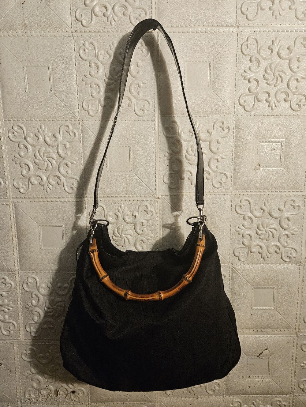 Gucci Nylon/patent Leather Black Bamboo Hobo 2way Authentic Vintage Bag
